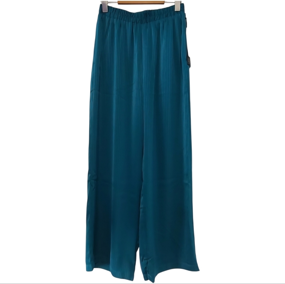 Modern Works Green Teal Pinstripe Wide Leg Pants NWT Sz S High Rise Tailored